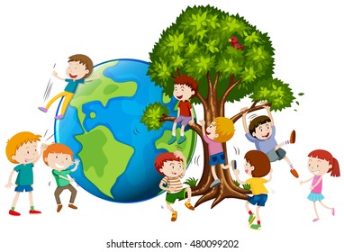 Children climbing up tree illustration