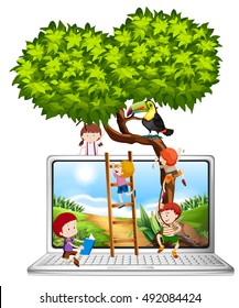 Children climbing tree on computer screen illustration