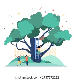 Children climbing tree and playing in summer garden. Friends leisure activity flat vector illustration. Childhood concept for banner, website design or landing web page