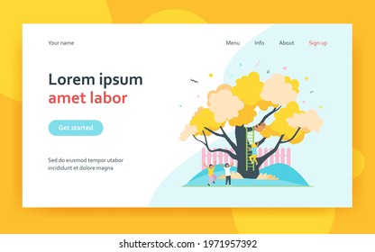Children climbing tree and playing in summer garden. Friends leisure activity flat vector illustration. Childhood concept for banner, website design or landing web page