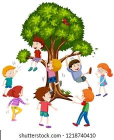 Children climbing treee white background illustration