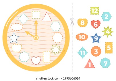 Children Clock Puzzle Game. Educational Time Game For Kids, Clock Face Learning Vector Illustration