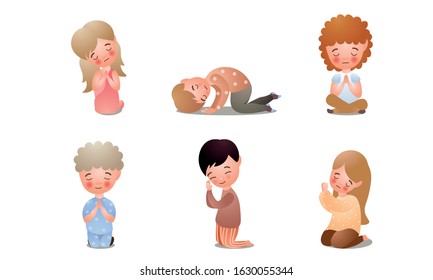 Children with closed eyes praying asking for something vector illustration