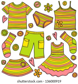 Children clothes colored doodles, hand drawn style, vector illustration