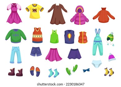 Children clothes for different seasons vector illustrations set. Clothing for boys and girls, winter and summer outfits for kids isolated on white background. Fashion, childhood, weather concept