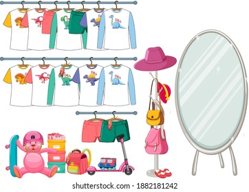 Children clothes hanging on clothes rack with accessories on white background illustration