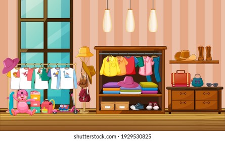 Children clothes hanging in wardrobe with many accessories in the room scene illustration