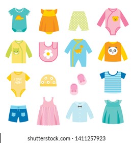 Children clothes icons set. Dress for boys and girls, baby and toddlers.