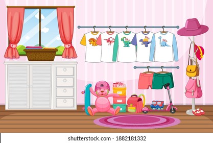 Children clothes on a clothesline with many toys in the room scene illustration