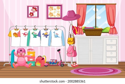 Ropa infantil en un tendedero con muchos juguetes en la ilustración de la escena de la habitación