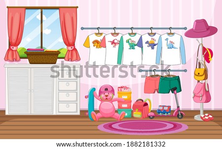 Children clothes on a clothesline with many toys in the room scene illustration