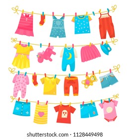 Children clothes on rope. Kids bright clothing washed is hung along the line to dry, using clothes pegs, clothespins. Vector flat style cartoon illustration isolated on white backgroun