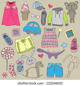Children clothes and toys design  elements set