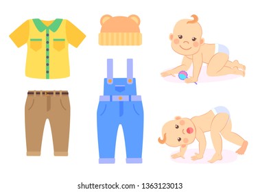 Children and clothes vector, jeans trousers and shirt, hat and tshirt flat style. Bodysuit for male child, kid wearing diaper and playing with toys