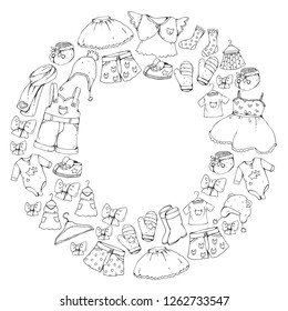 Children clothing and fashion. Dress, skirt, shorts. scarf, trousers for boys and girls. Kids fashion. Summer, winter, spring, autumn sale. Elements for coloring pages.
