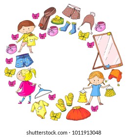 Children clothing Kindergarten boys and girls with clothes New clothing collection Dresses, trousers, shoes, hats, caps, gloves, scarf. Princess dresses