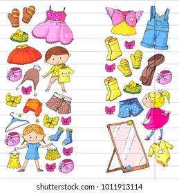 Children clothing Kindergarten boys and girls with clothes New clothing collection Dresses, trousers, shoes, hats, caps, gloves, scarf. Princess dresses