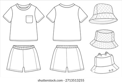 Children Clothing Technical Drawing Set T-Shirt Shorts Bucket Hat Vector Outline