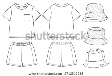 Children Clothing Technical Drawing Set T-Shirt Shorts Bucket Hat Vector Outline