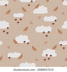 Children cloudy october print. Wheather vector seamless patern with clouds, acorns, leaves. Nursery hand drawn ornament for textile, paper, package.
