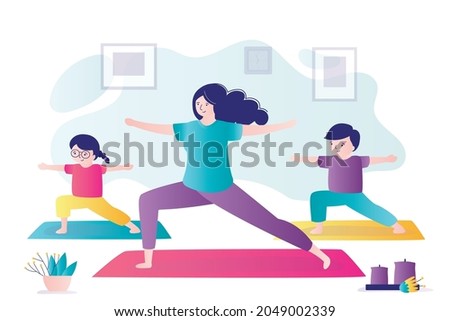 Children and coach stand in warrior pose 2. Boy and girl practicing yoga asanas. Trainer conducts yoga class for kids. Active lifestyle. Teens making exercises with instructor. Vector illustration