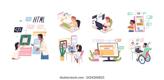 Aprendizaje de códigos para niños. Los niños que escriben códigos, escuelas de programación infantil que acampan, estudiantes de programación infantil tecnología de Internet proyecto de codificación de educación informática, ilustración vectorial de programación para niños