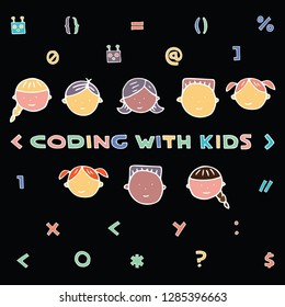 Children coding illustration. Coding for kids articles and sites. Programming education.