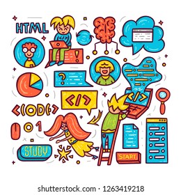 Children Coding. Online School Concept. Doodle Style Elements. Vector Illustration