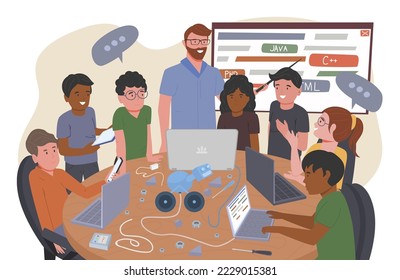 Children coding school. Online programming together. Young multiracial students with a teacher in computer laboratory. Teamwork during informatics lesson. Editable vector illustration. Graphic design - Powered by Shutterstock - Get 15% off with code: PIKWIZARD15