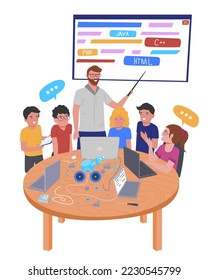 Children coding school. Online programming together. Young multiracial students with a teacher in computer laboratory. Teamwork during informatics lesson. Editable vector illustration. Graphic design