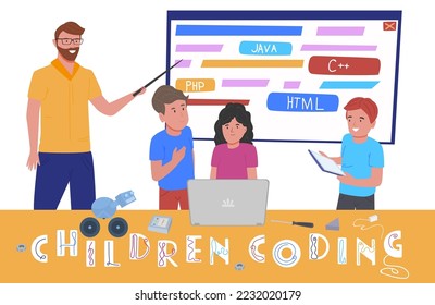 Children coding school. Online programming together. Young multiracial students with a teacher in computer laboratory. Teamwork during informatics lesson. Editable vector illustration. Graphic design - Powered by Shutterstock - Get 15% off with code: PIKWIZARD15