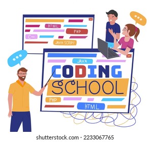 Children coding school. Online programming together. Young multiracial students with a teacher in computer laboratory. Teamwork during informatics lesson. Editable vector illustration. Graphic design - Powered by Shutterstock - Get 15% off with code: PIKWIZARD15