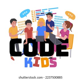 Children coding school. Online programming together. Young multiracial students with a teacher in computer laboratory. Teamwork during informatics lesson. Editable vector illustration. Graphic design - Powered by Shutterstock - Get 15% off with code: PIKWIZARD15