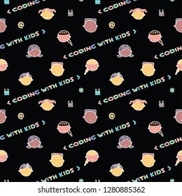 Children coding seamless pattern. Coding for kids articles and sites. Stationery and wrapping. Programming education.