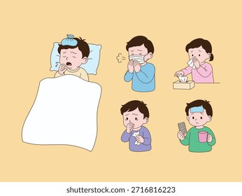 children with a cold. Simple line drawing illustration.