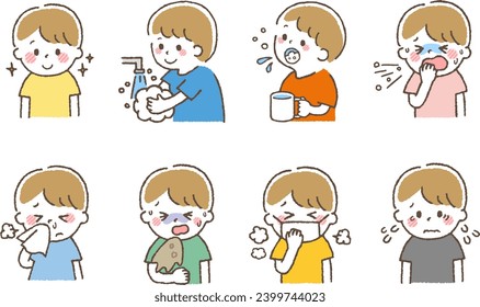 Children with colds. Set material showing symptoms of poor physical condition.