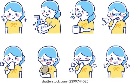 Children with colds. Set material showing symptoms of poor physical condition.