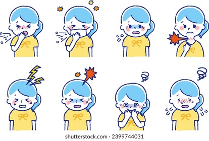 Children with colds. Set material showing symptoms of poor physical condition.