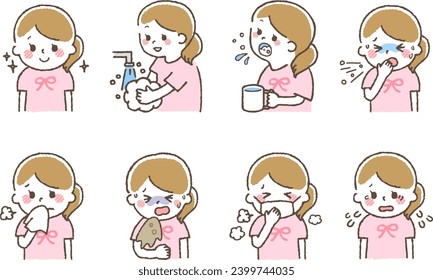Children with colds. Set material showing symptoms of poor physical condition.