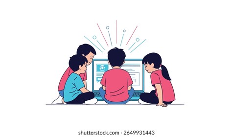 Children collaborating effectively while learning on a computer together with excitement