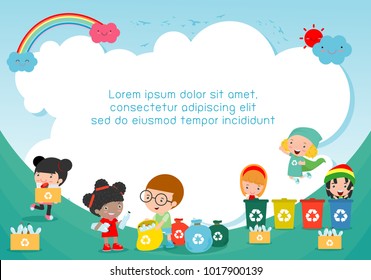 Children collect rubbish for recycling, Kids Segregating Trash, Save the World ,Template for advertising brochure, your text ,Vector Illustration
