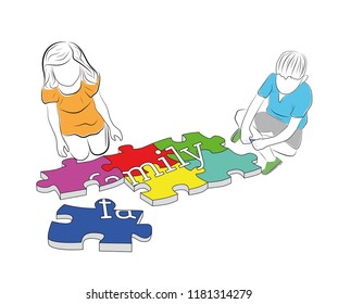 children collect the word "family" from puzzles. vector illustration.