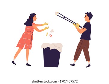 Children collecting garbage. Boy and girl picking up plastic litter throwing it into trash can. Eco volunteers cleaning nature. Colored flat vector illustration isolated on white background