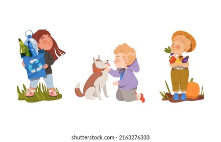 Children collecting plastic bottles, caring for pet animals and planting vegetables. Nature and ecology protection cartoon vector illustration