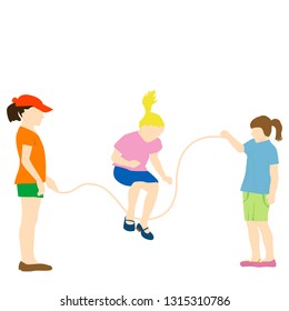Children coloed silhouettes skipping together with jumping rope