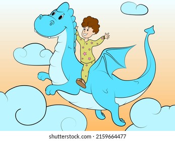 Children color, the boy flies on a dragon in the sky.