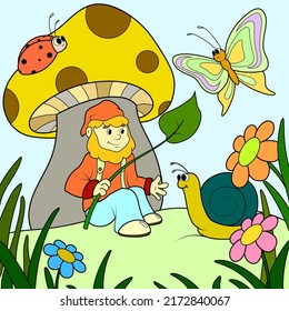 Children color, gnome sees under mushroom and communicates with insects and slugs.