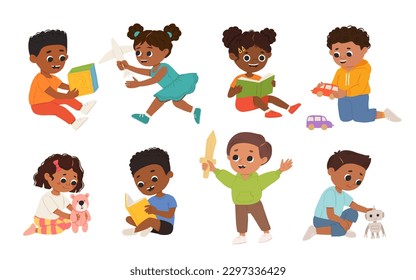 Children of color, kids play together having fun, fooling around in fine good mood, on playroom, playground. Preschool kids have fun. Children's activity in the kinder garden, primary school.