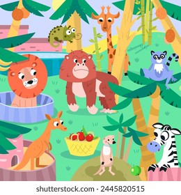 Niños escena de color con animales en el zoológico. Personajes divertidos de dibujos animados. Ilustración vectorial para libro, diseño, pósters, rompecabezas, juegos.