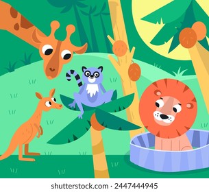 Children color scene with animals in zoo. Color Funny cartoon characters. Vector Illustration for book, design, posters, puzzle, games.